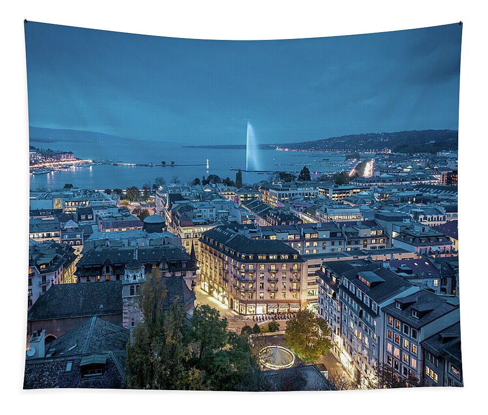 City Street Tapestry featuring the photograph Geneva City center by Night by Benoit Bruchez