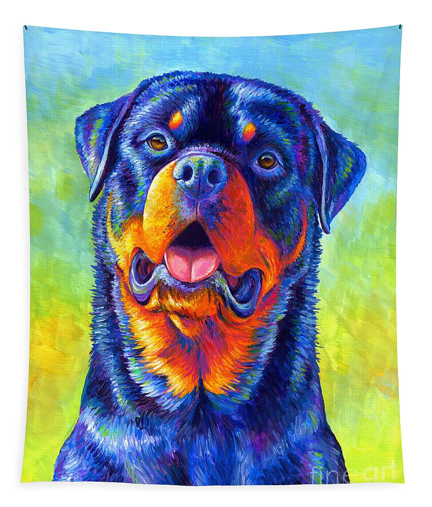 Rottweiler Tapestry featuring the painting Gentle Guardian Colorful Rottweiler Dog by Rebecca Wang