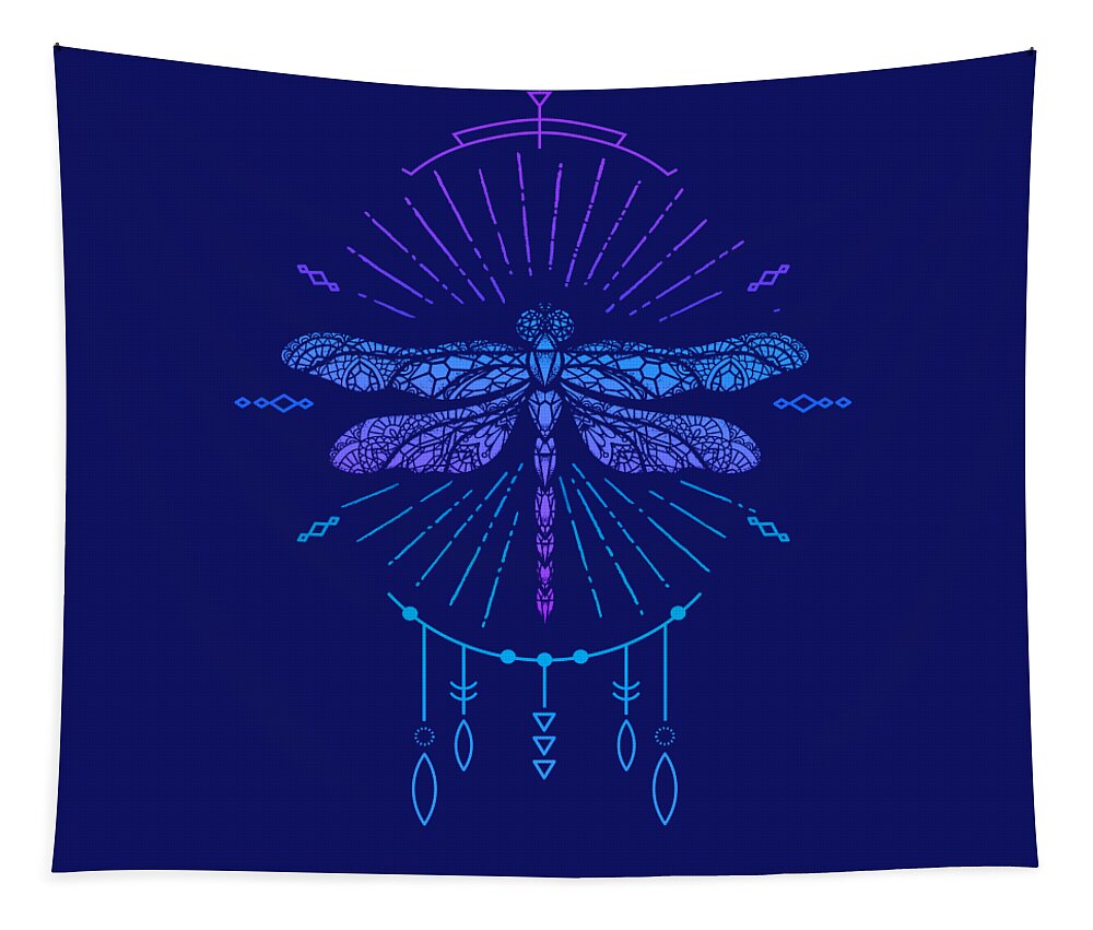 Dragonfly Tapestry featuring the digital art Geometric Blue Boho Dragonfly by Laura Ostrowski