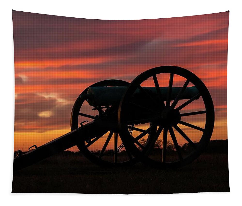 Cannons Tapestry featuring the photograph Gettysburg - Cannon on Cemetery Ridge at First Light by Liza Eckardt