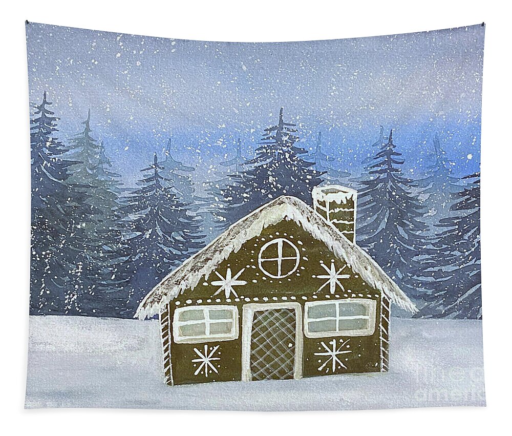 Gingerbread Tapestry featuring the painting Gingerbread Cabin by Lisa Neuman