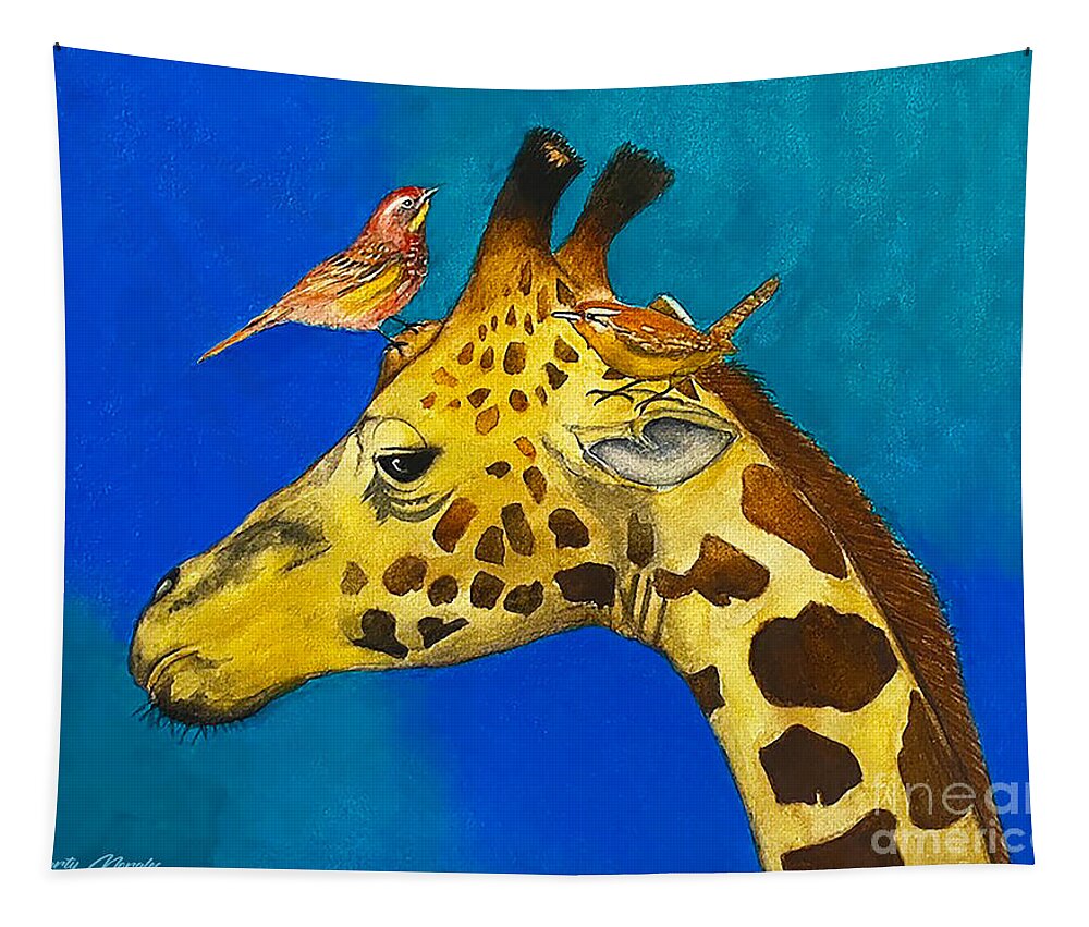 Rabbit Tapestry featuring the mixed media Giraffe and Birds V1 by Marty's Royal Art