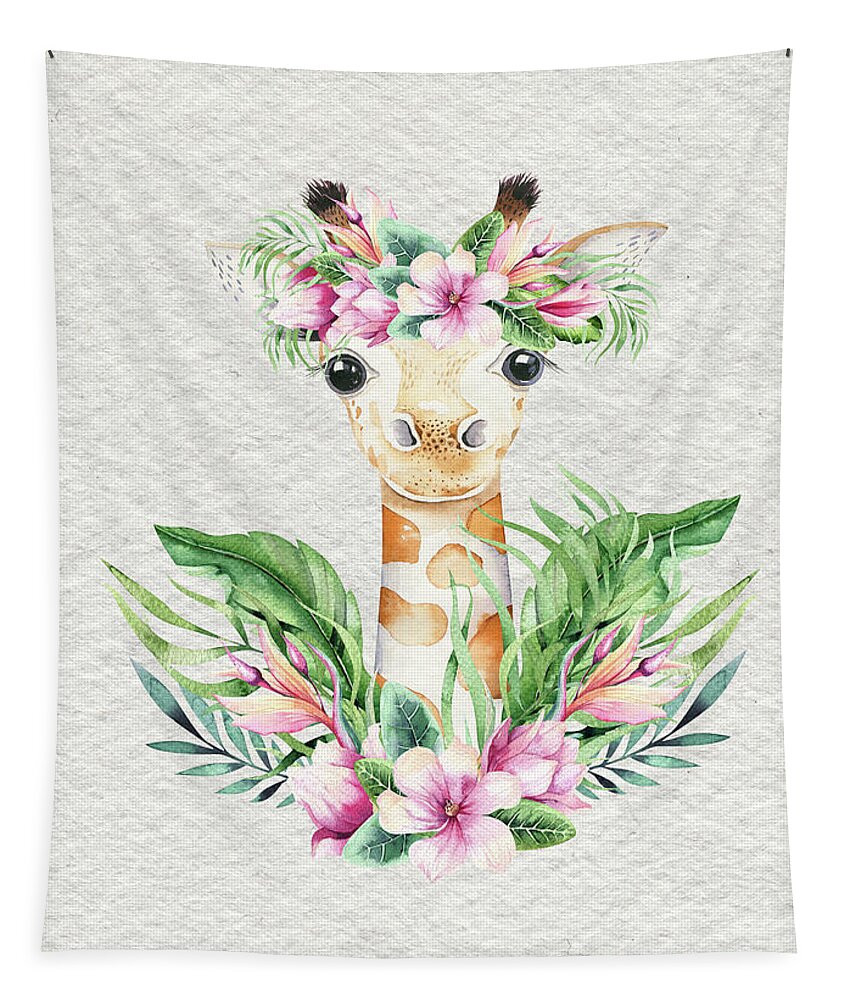 Giraffe Tapestry featuring the painting Giraffe With Flowers by Nursery Art