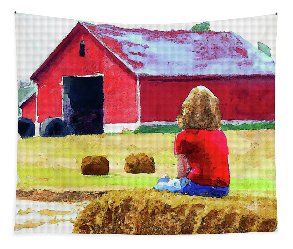 Barn Tapestry featuring the digital art Girl in Red Shirt Looking at Red Barn by Alison Frank