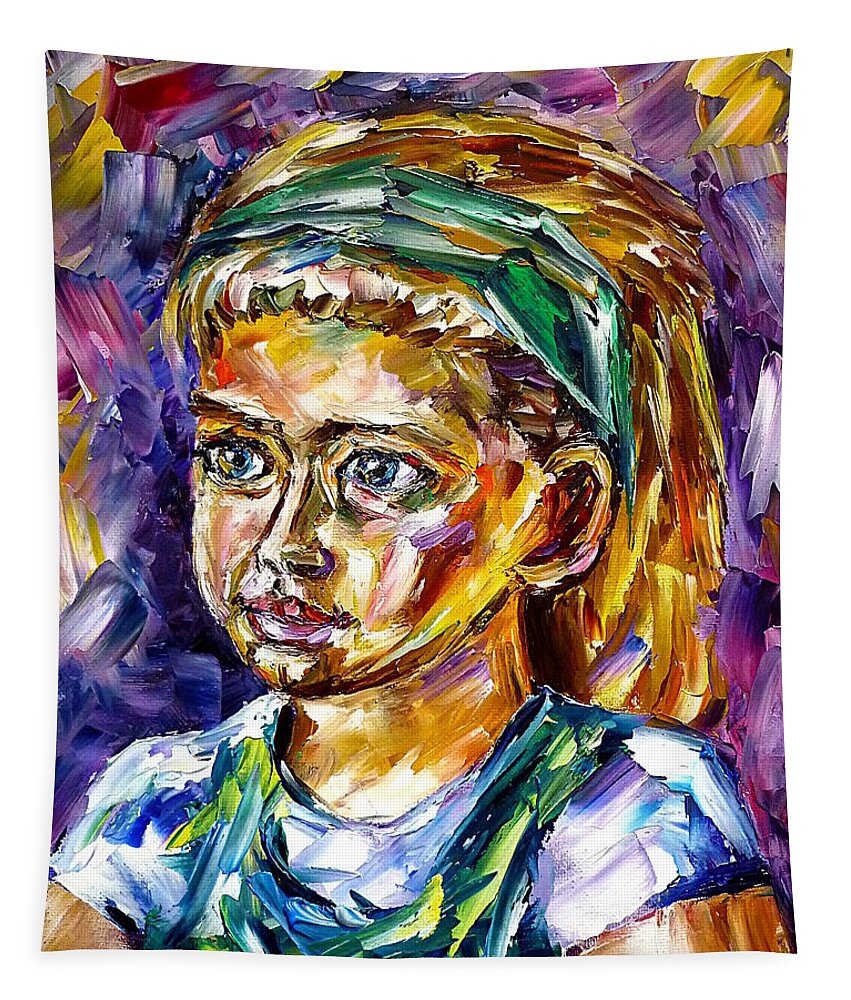 Girl Portrait Tapestry featuring the painting Girl With A Green Hair Band by Mirek Kuzniar