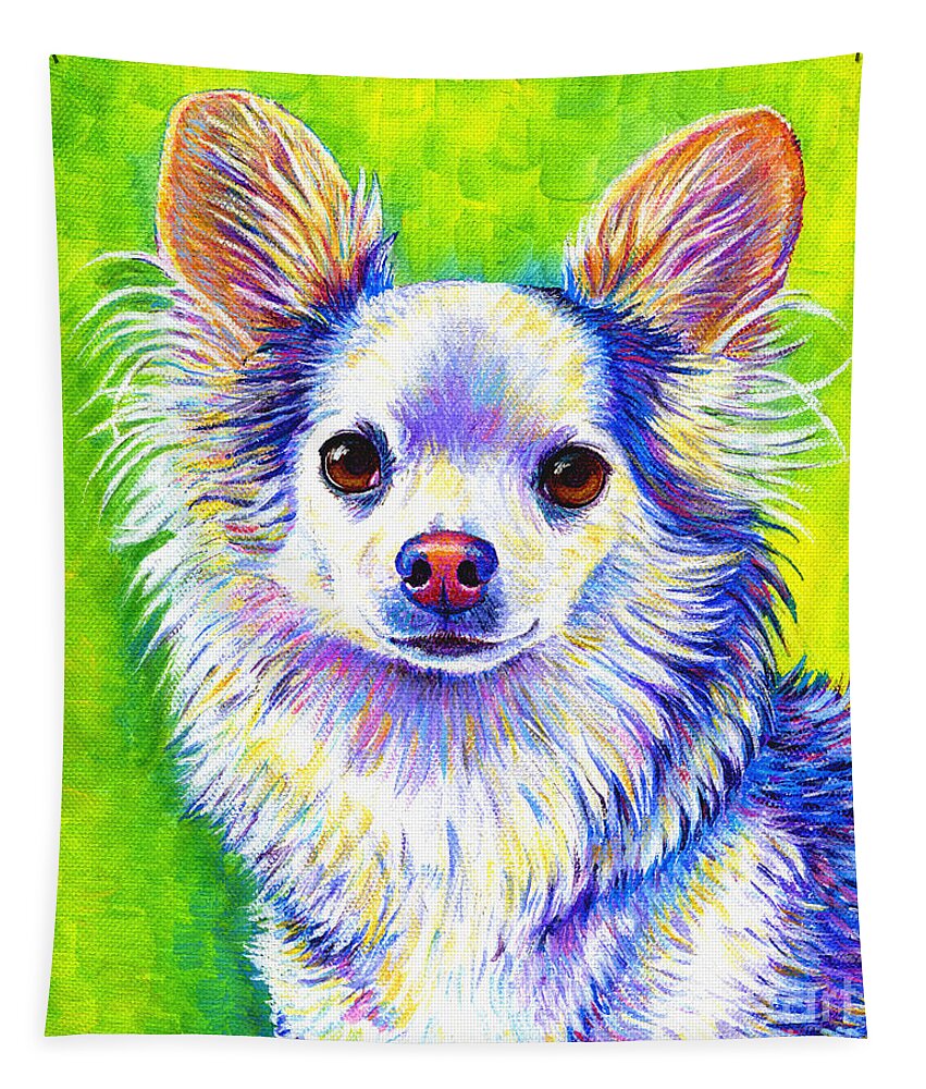 Chihuahua Tapestry featuring the painting Colorful Cute Longhaired Chihuahua Dog by Rebecca Wang