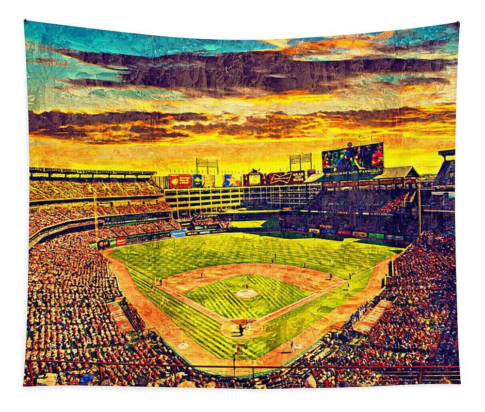 Globe Life Park Tapestry featuring the digital art Globe Life Park in Arlington, Texas, at sunset - digital painting by Nicko Prints