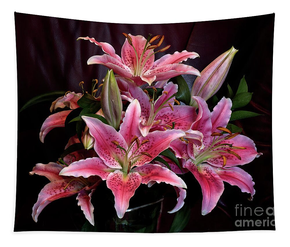 Impressive Glowing Stunning Lilies Bouquet Pink Black Background Flowering Vivid Bright Beautiful Delightful Pleasant Blooming Still-life Cheerful Happiness Joy Enjoyable Inspirational Glory Flowers Elegant Charming Aesthetic Emotional Harmony Sweet Happy Joyful Optimistic Magical Color Colourful Captivating Radiant Art Merry Festive Sunny Vibrant Stimulative Pleasing Irradiating Exciting Gorgeous Fantastic Celebration Special Occasion Present Effective Expressive Spectacular Valentine Bunch Tapestry featuring the photograph Glowing Stunning Beauty, Lilies Bouquet, Black Background by Tatiana Bogracheva