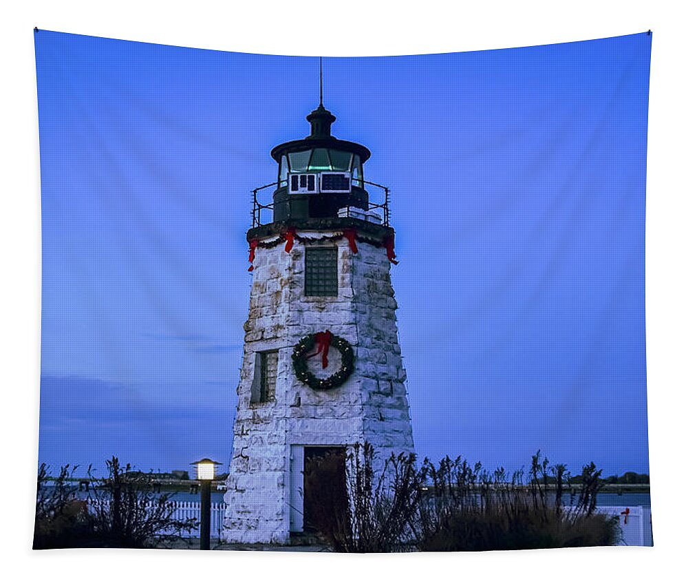 Goat Island Lighthouse Dressed For The Holidays Tapestry featuring the photograph Goat Island Lighthouse dressed for the Holidays by Christina McGoran