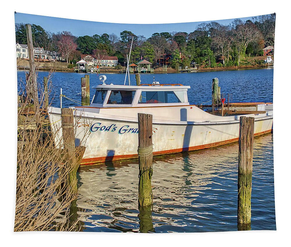 God's Grace Boat Tapestry featuring the photograph God's Grace Deadrise by Jerry Gammon