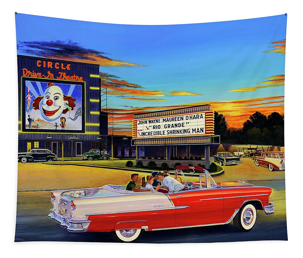 Circle Drive-in Theatre Tapestry featuring the painting Goin' Steady - The Circle Drive-In Theatre by Randy Welborn