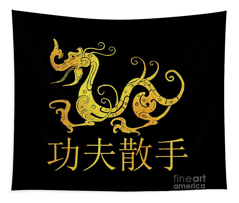 Chinese Tapestry featuring the digital art Gold Copper Dragon Kung Fu San Soo on Black by Leah McPhail