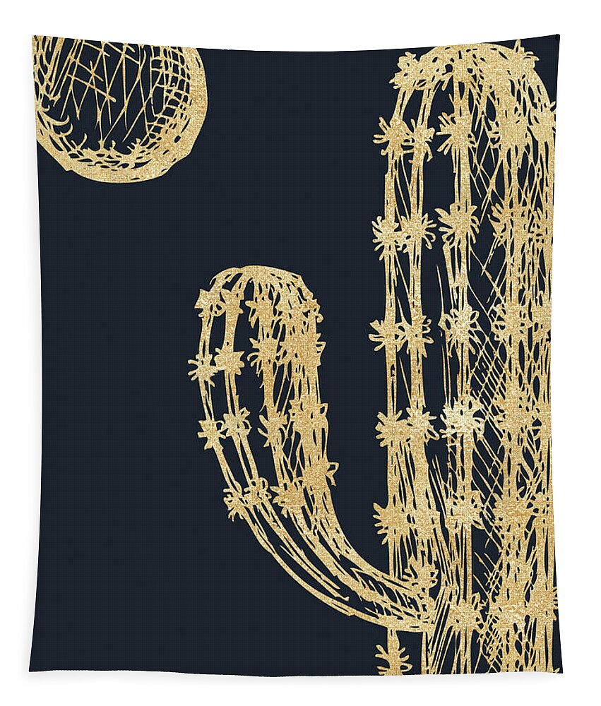Cactus Tapestry featuring the digital art Gold Glitter Cactus - Night by Ink Well