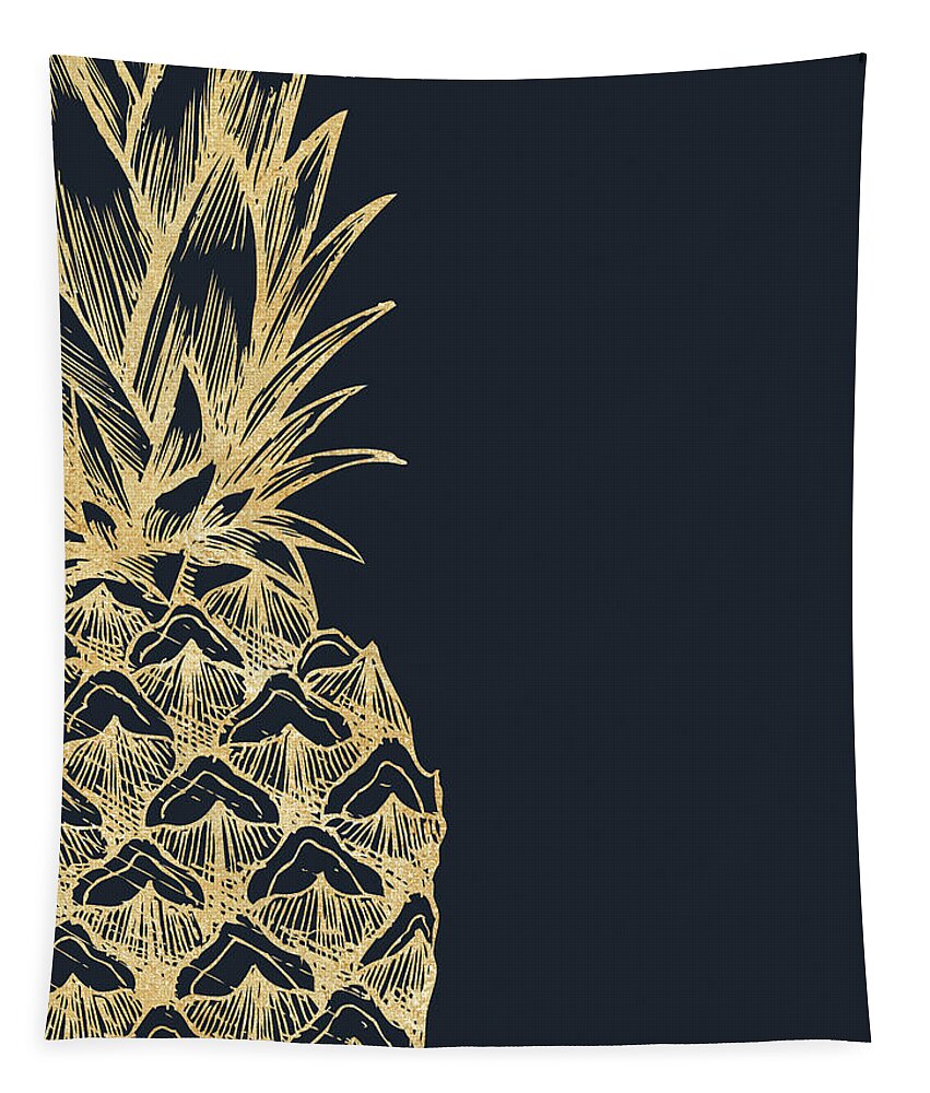 Pineapple Tapestry featuring the digital art Gold Glitter Pineapple - Night by Ink Well
