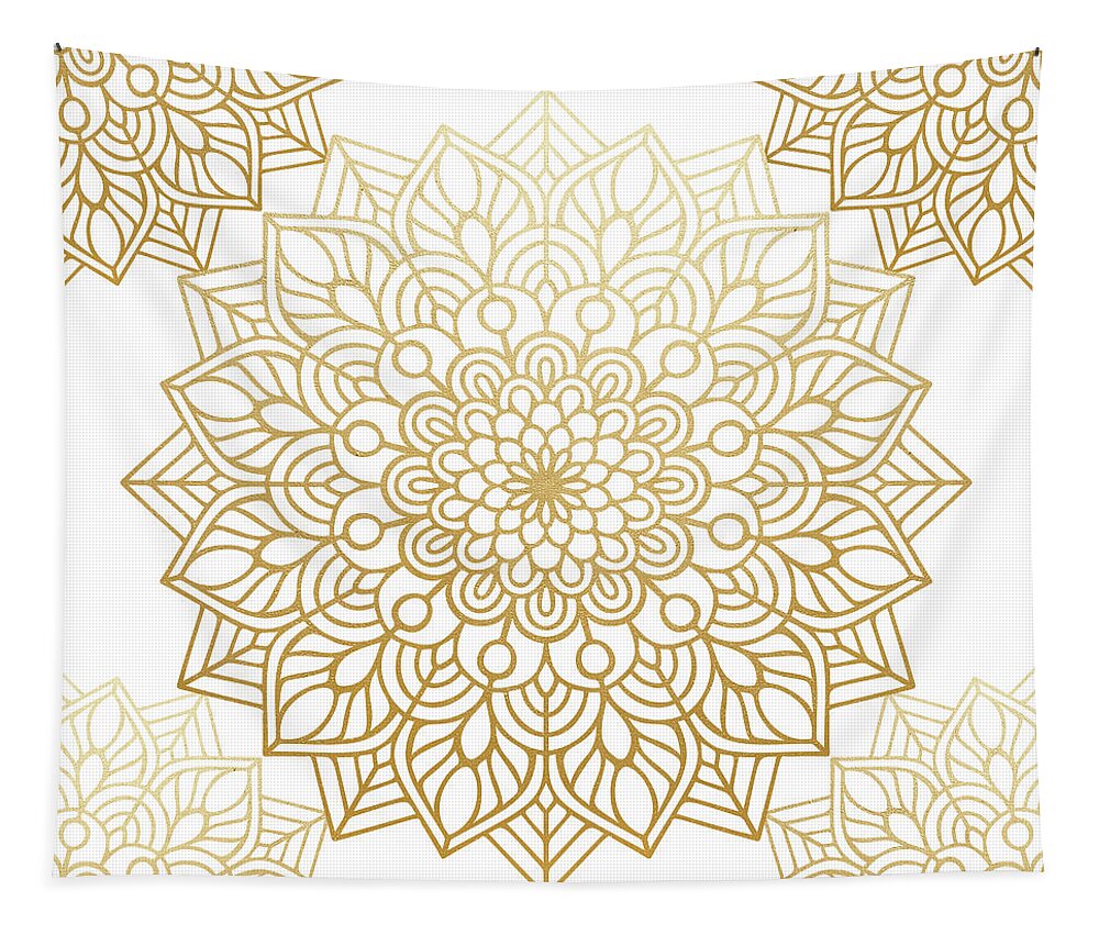 Mandala Tapestry featuring the digital art Gold Mandala Pattern in White Background by Sambel Pedes
