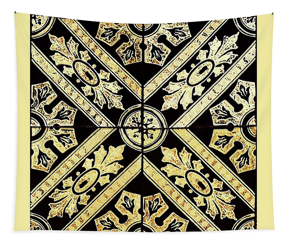 Gold Tiles Tapestry featuring the digital art Gold On Black Tiles Mosaic Design Decorative Art IV by Irina Sztukowski