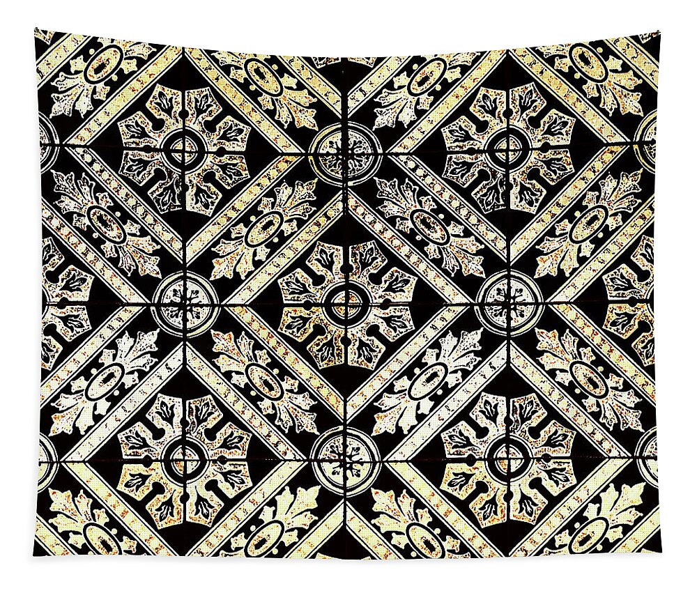 Gold Tiles Tapestry featuring the digital art Gold On Black Tiles Mosaic Design Decorative Art V by Irina Sztukowski