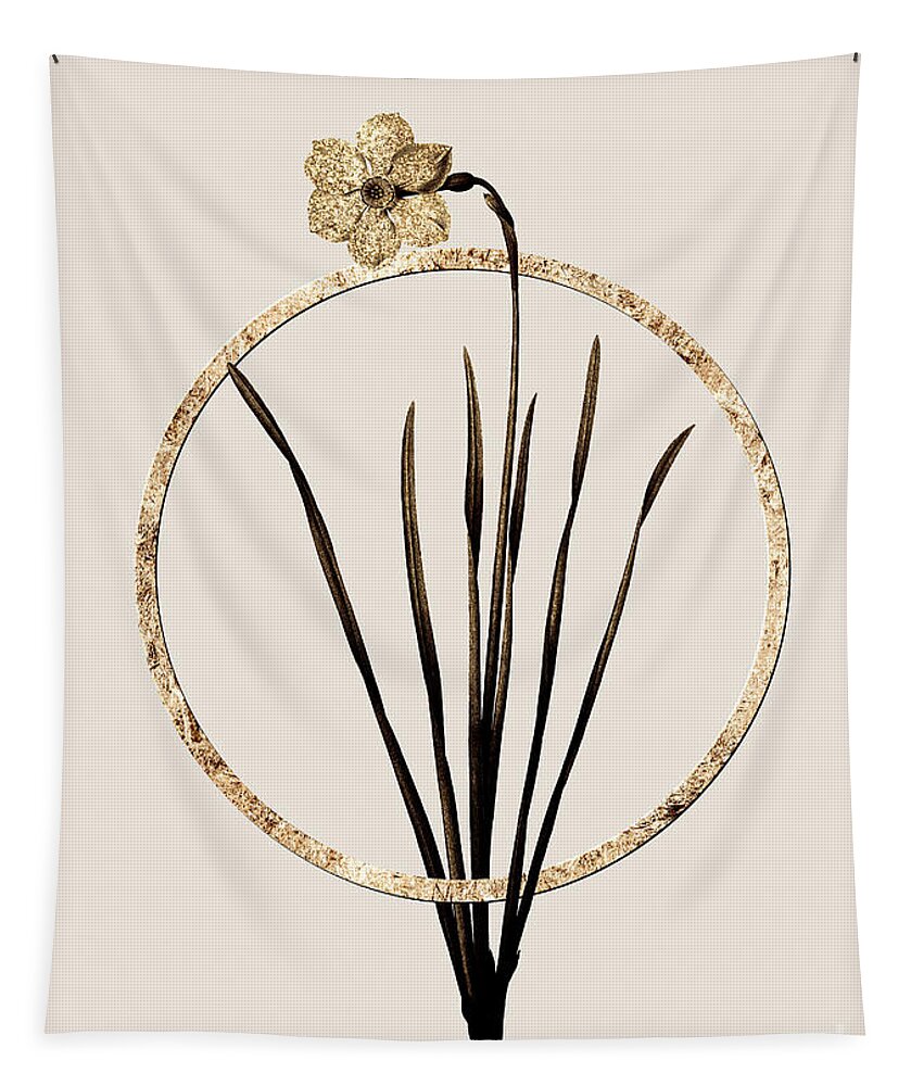 Vintage Tapestry featuring the painting Gold Ring Narcissus Poeticus Botanical Illustration Black and Gold n.0416 by Holy Rock Design