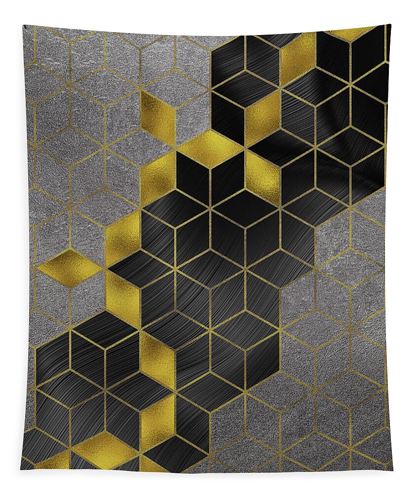 Abstract Tapestry featuring the digital art Gold With The Flow Geometric Modern Marble by Sambel Pedes