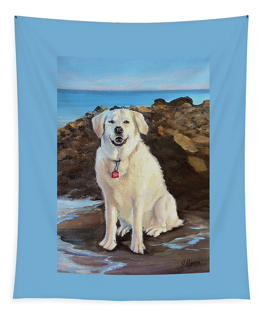 Dog Tapestry featuring the painting Golden at the Beach by Judy Rixom