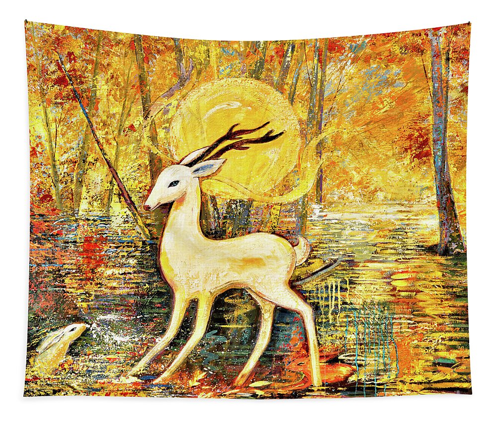 Deer Tapestry featuring the painting Golden Autumn by Shijun Munns