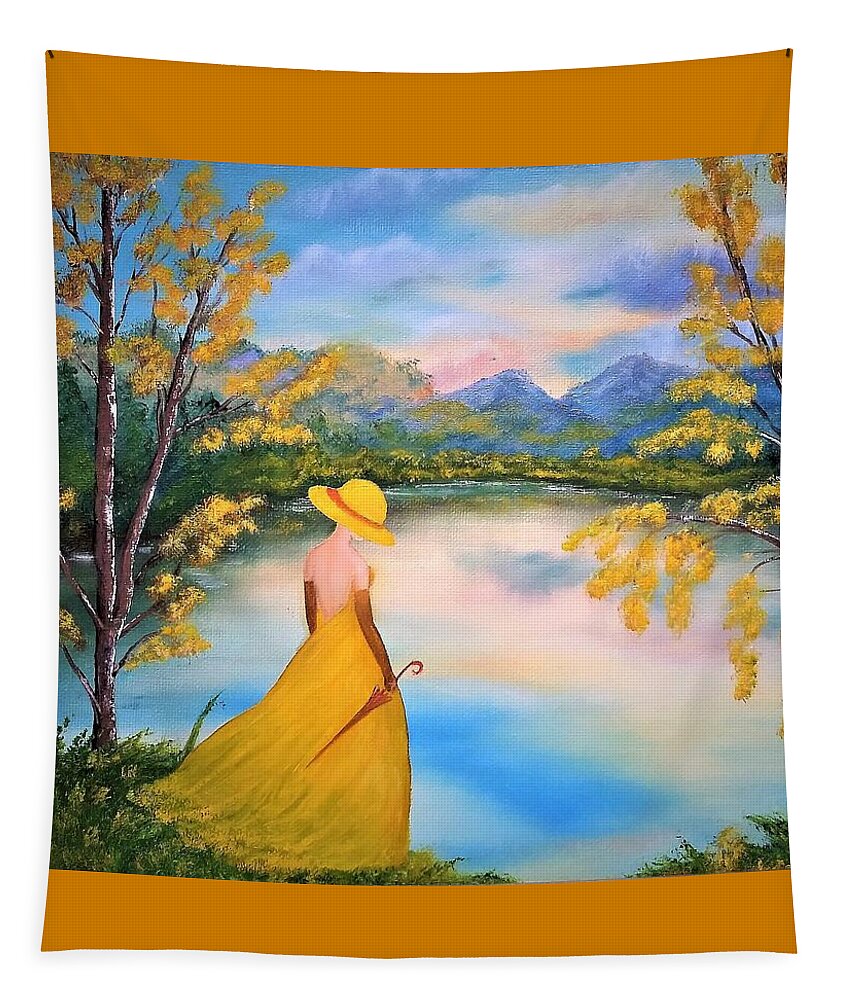 Gloss Card Greeting Card Posters Golden Autumn Yellow Dress Lake Gift Idea Tapestry featuring the photograph Golden autumn by Tanya Harr