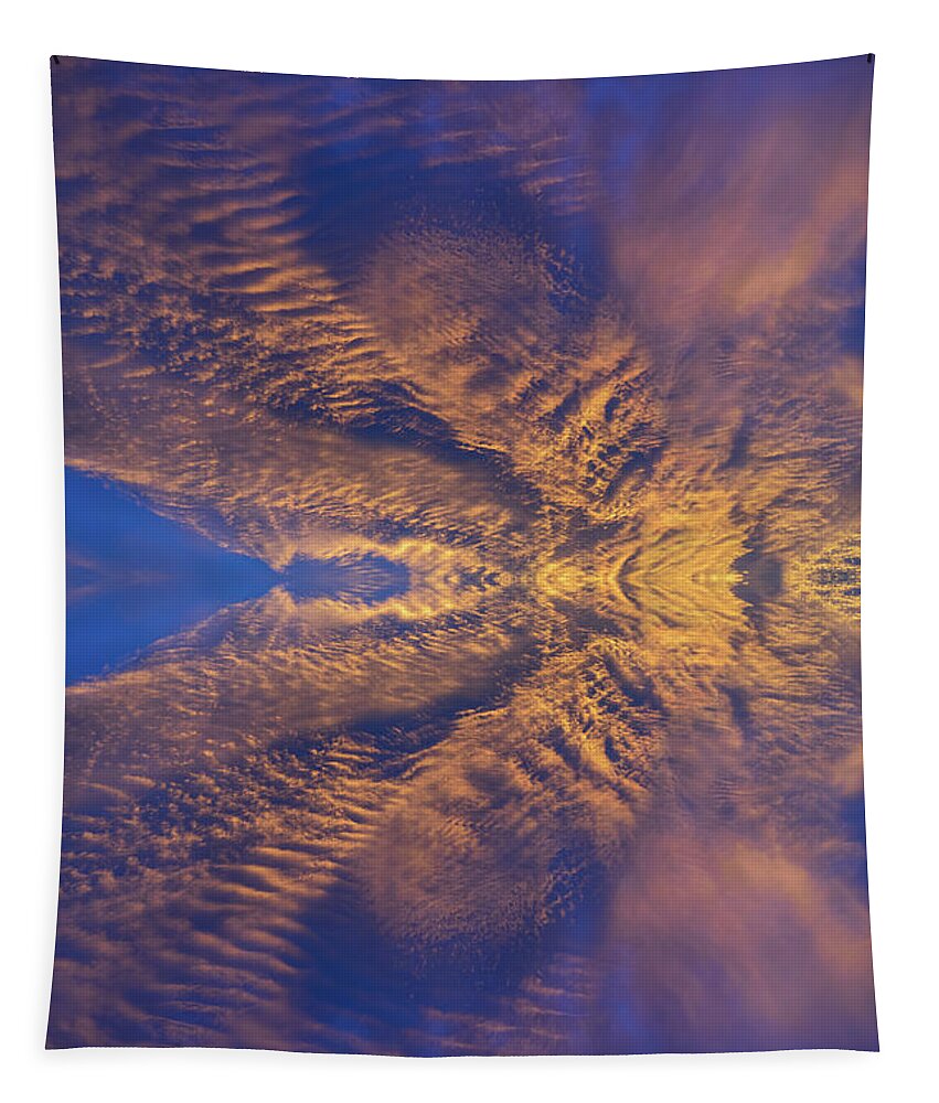 Clouds Tapestry featuring the digital art Golden clouds in the dark blue sky, guardian angel by Adriana Mueller