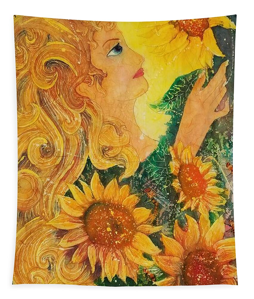 Sunflowers Tapestry featuring the painting Golden Garden Goddess by Carol Losinski Naylor