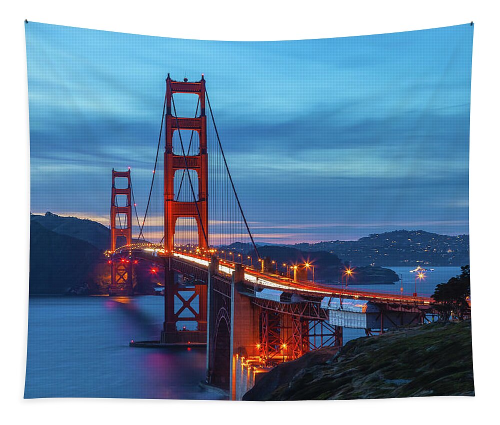 Shoreline Tapestry featuring the photograph Golden Gate At Nightfall by Jonathan Nguyen