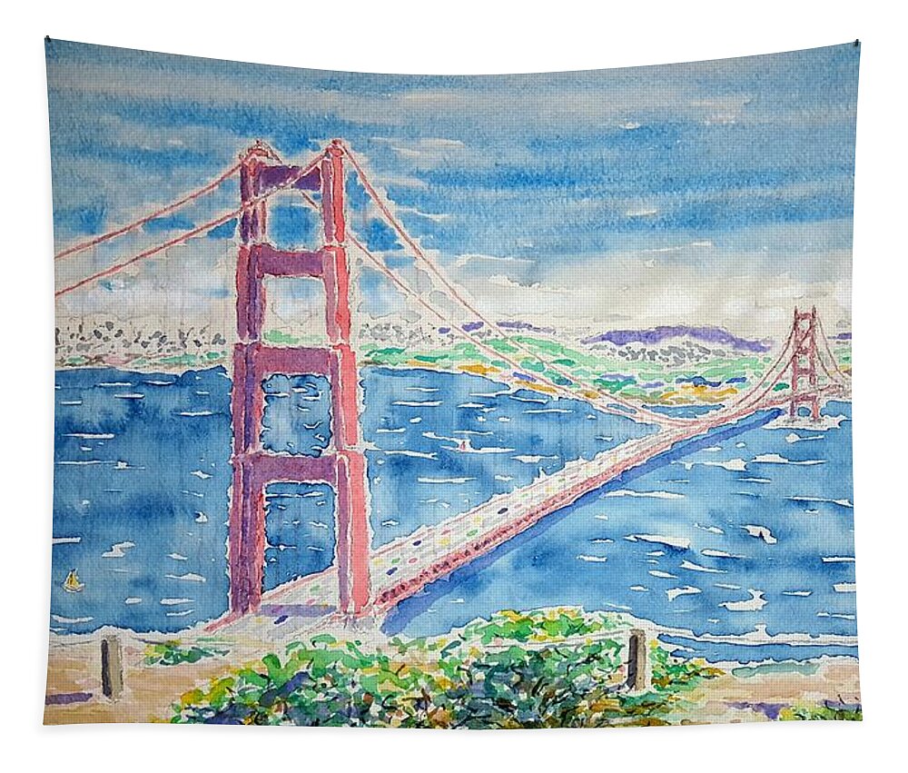 Watercolor Tapestry featuring the painting Golden Gate Vista by John Klobucher