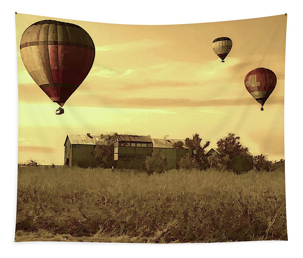 Hot Air Balloons Tapestry featuring the mixed media Golden Hour Balloon Flight by Shelli Fitzpatrick