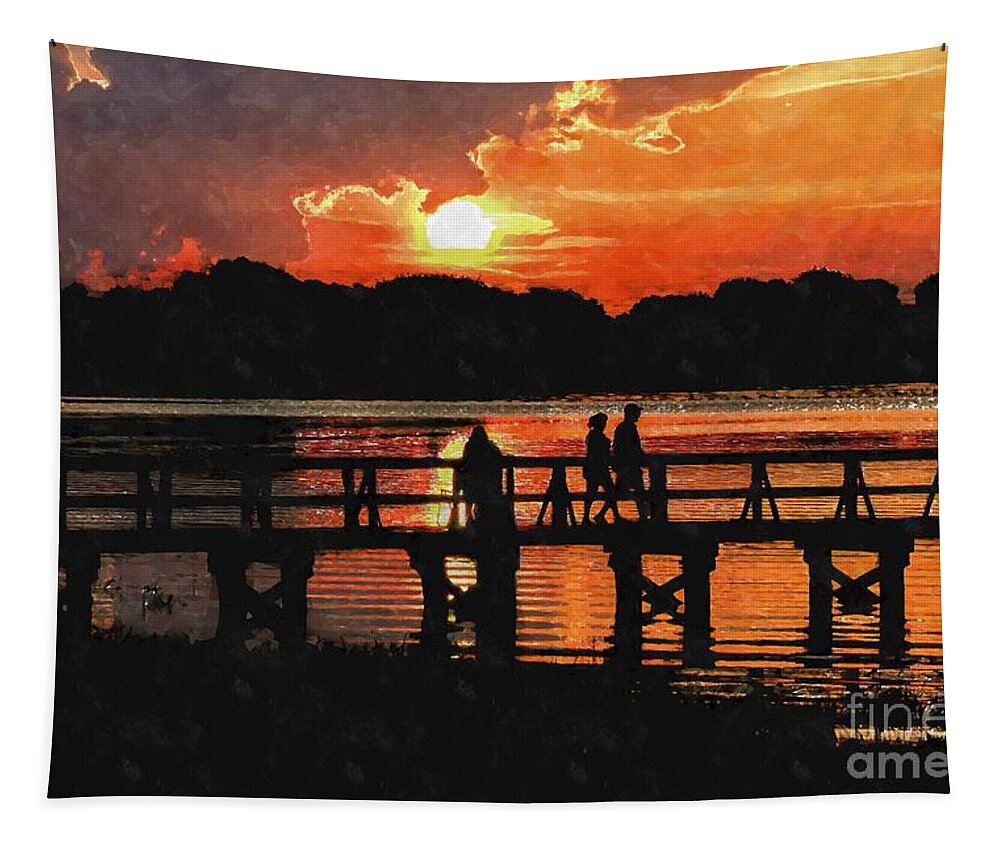 Lake Tapestry featuring the photograph Golden orange sunset over Lake Mineola at the pier in Clermont Florida USA by William Kuta