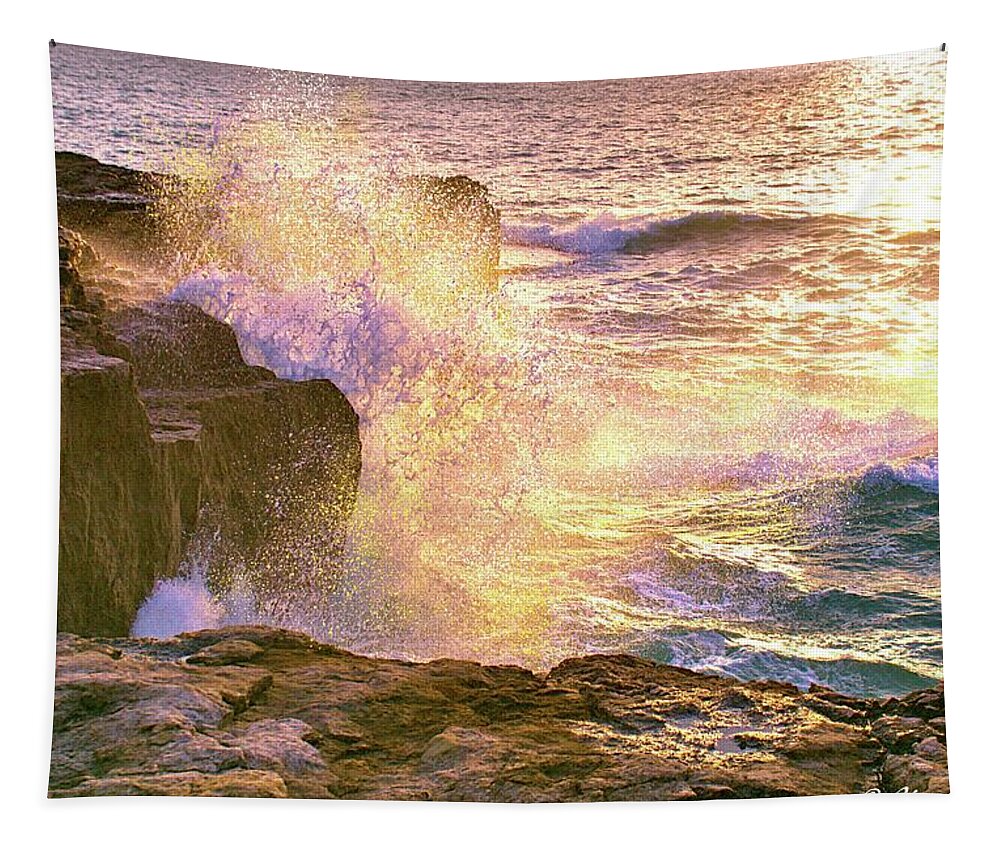 Rocks Tapestry featuring the photograph Golden Sea Spray by Alan Ackroyd