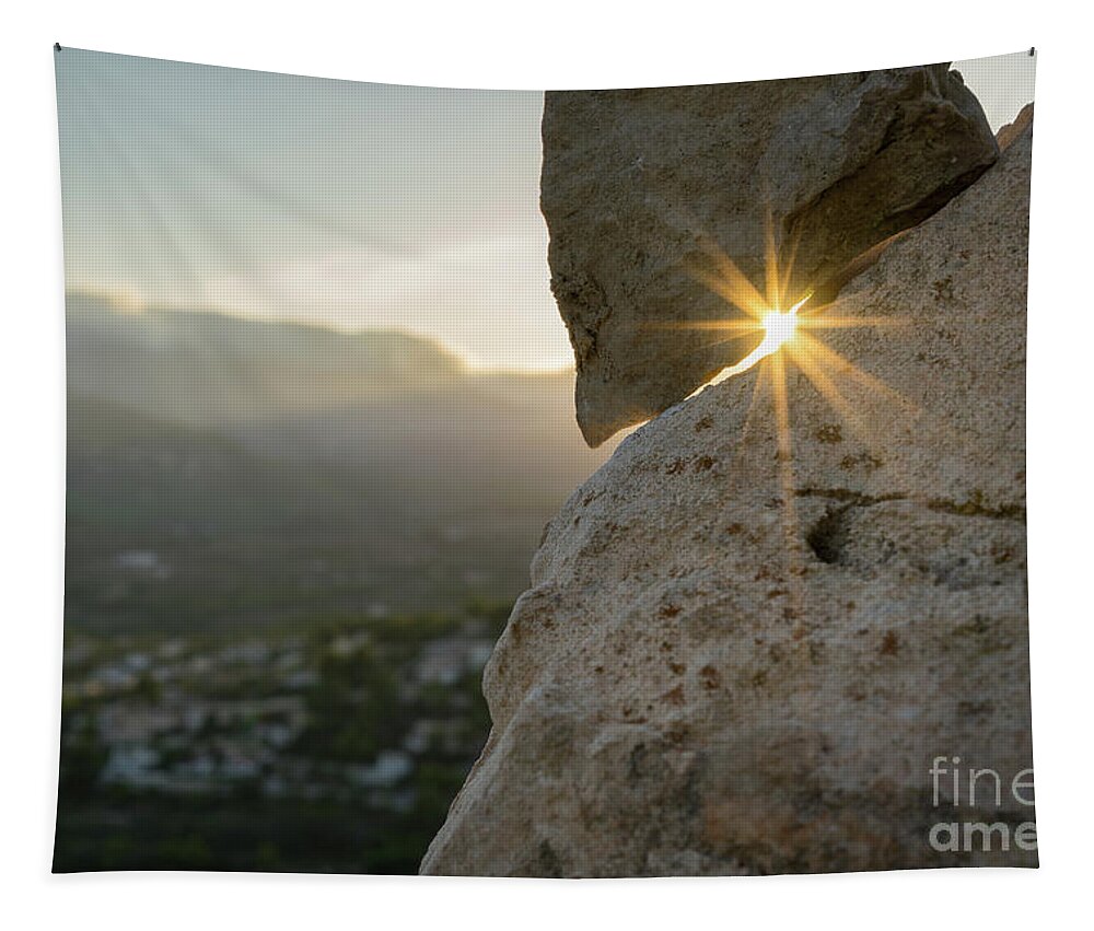 Mountains Tapestry featuring the photograph Golden sunlight and rock at sunset by Adriana Mueller