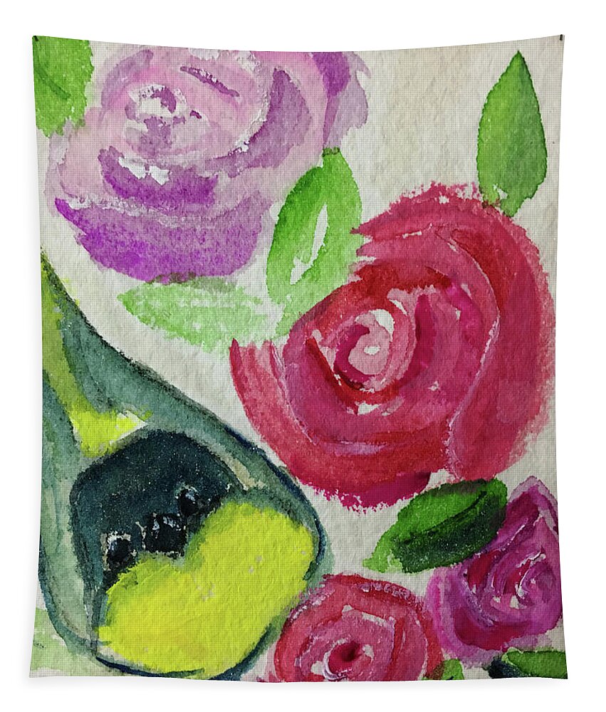 Goldfinch Tapestry featuring the painting Goldfinch among Roses by Roxy Rich