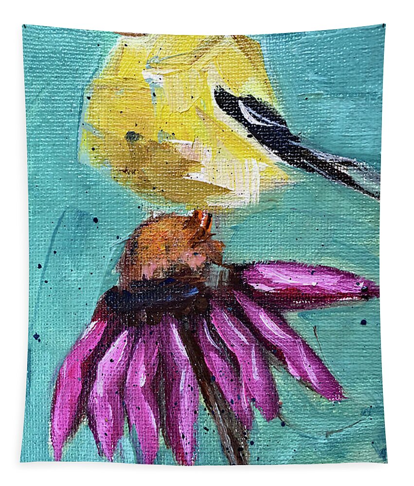 Goldfinch Tapestry featuring the painting Goldfinch on a Coneflower by Roxy Rich