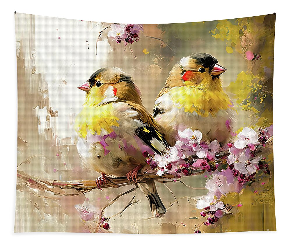 Goldfinch Birds Tapestry featuring the painting Goldfinches In The Blossoms by Tina LeCour