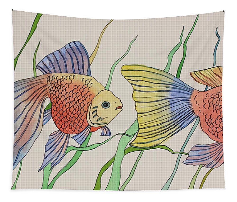 Goldfish Pair A Pen & Ink Watercolor Painting By Norma Appleton Tapestry featuring the painting Goldfish Pair by Norma Appleton