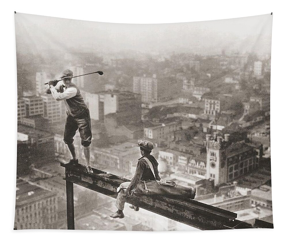 Golf Tapestry featuring the painting Golfer On Girder Over New York Sepia by Tony Rubino