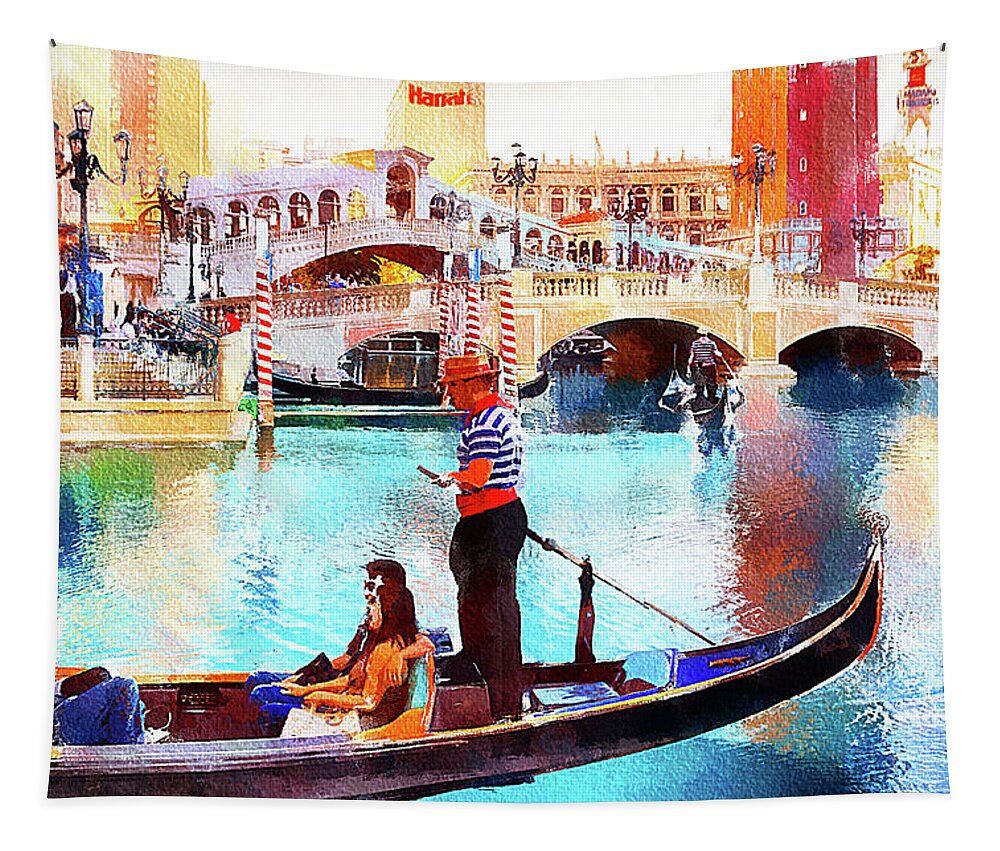 Venetian Tapestry featuring the mixed media Gondola rides at the Venetian Las Vegas by Tatiana Travelways