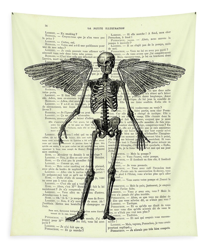 Skeleton Tapestry featuring the digital art Gothic angel, winged skeleton in black and white by Madame Memento