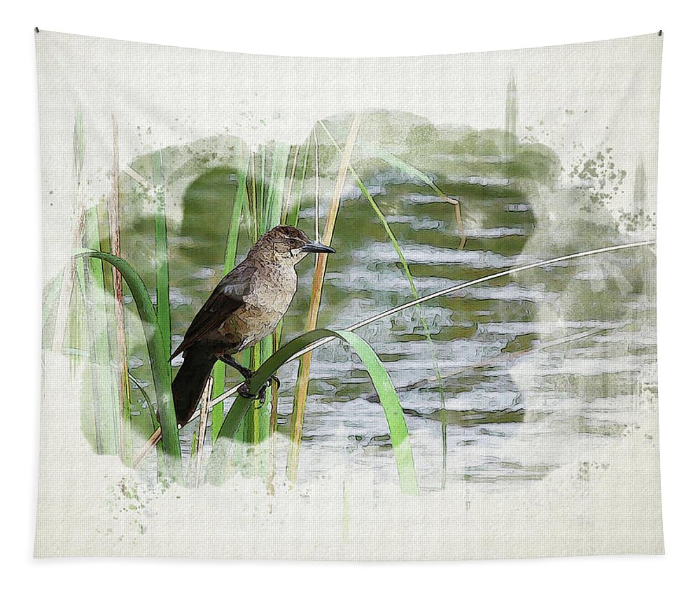 Grackle Tapestry featuring the digital art Grackle by the Lake by Alison Frank