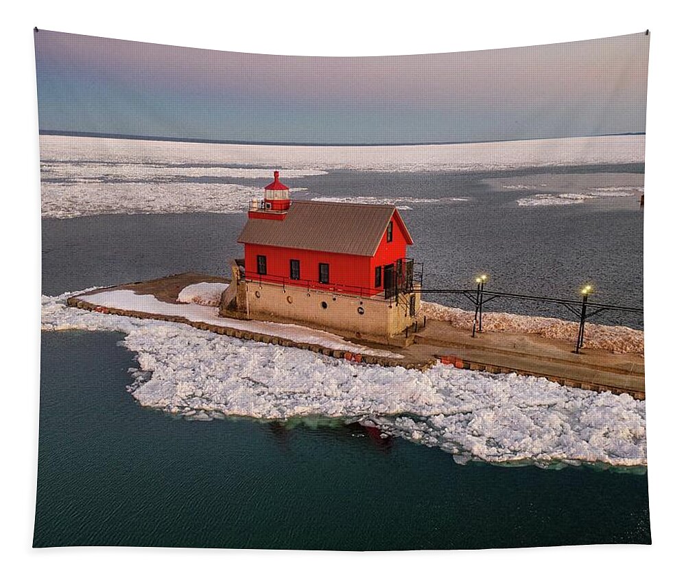 Northernmichigan Tapestry featuring the photograph Grand Haven Light House DJI_0467 HRes by Michael Thomas