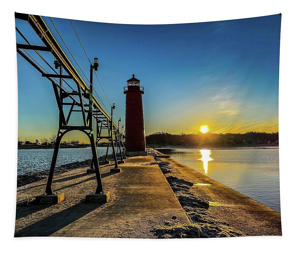 Northernmichigan Tapestry featuring the photograph Grand Haven Light House IMG_8945 HRes by Michael Thomas