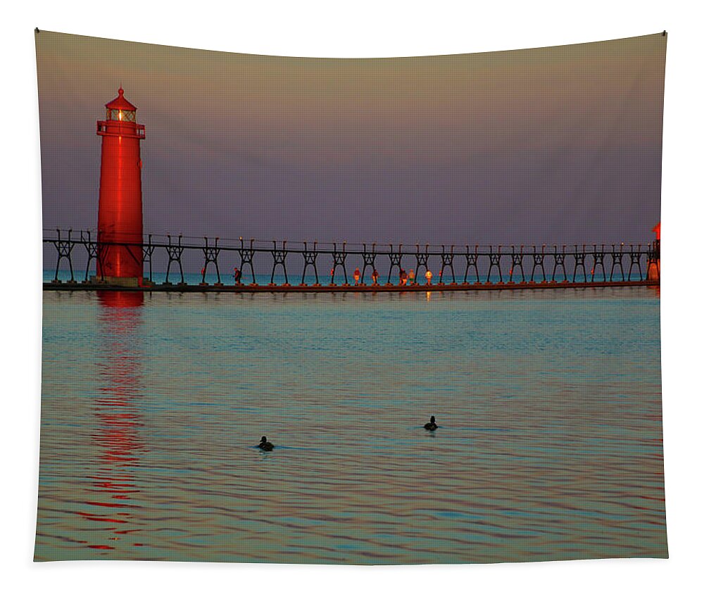Grand Haven Lighthouse Tapestry featuring the photograph Grand Haven LIghthouse at Sunrise by Deb Beausoleil