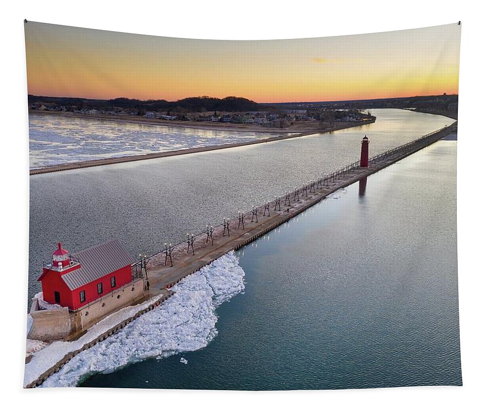Northernmichigan Tapestry featuring the photograph Grand Haven Lighthouse DJI_0499 HRes by Michael Thomas