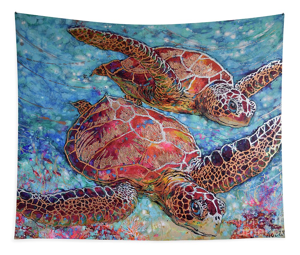Green Sea Turtles Tapestry featuring the painting Grand Sea Turtles by Jyotika Shroff