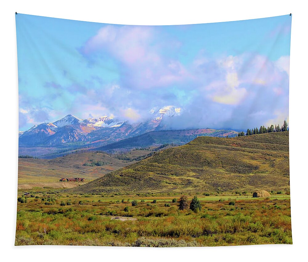 Grand Tetons Tapestry featuring the photograph Grand Tetons in the clouds 1a by Cathy Anderson