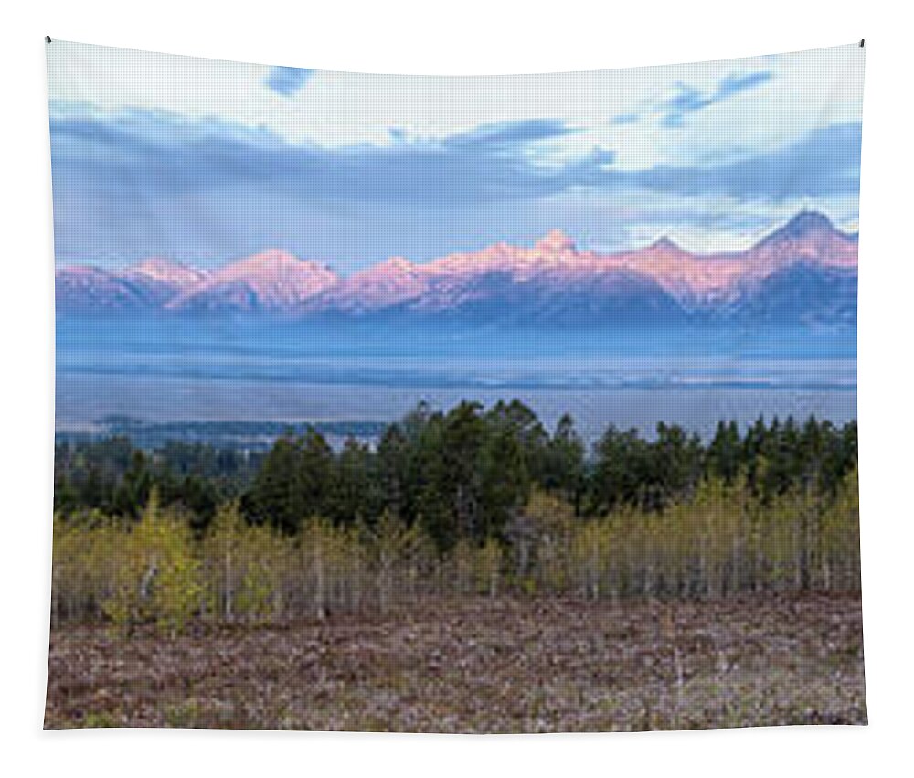 Grand Tetons Tapestry featuring the photograph Grand Tetons Sunrise Panorama, No. 2 by Belinda Greb