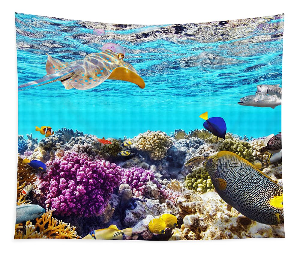 Fish Tapestry featuring the photograph Great Barrier Reef Fish And Corals by World Art Collective